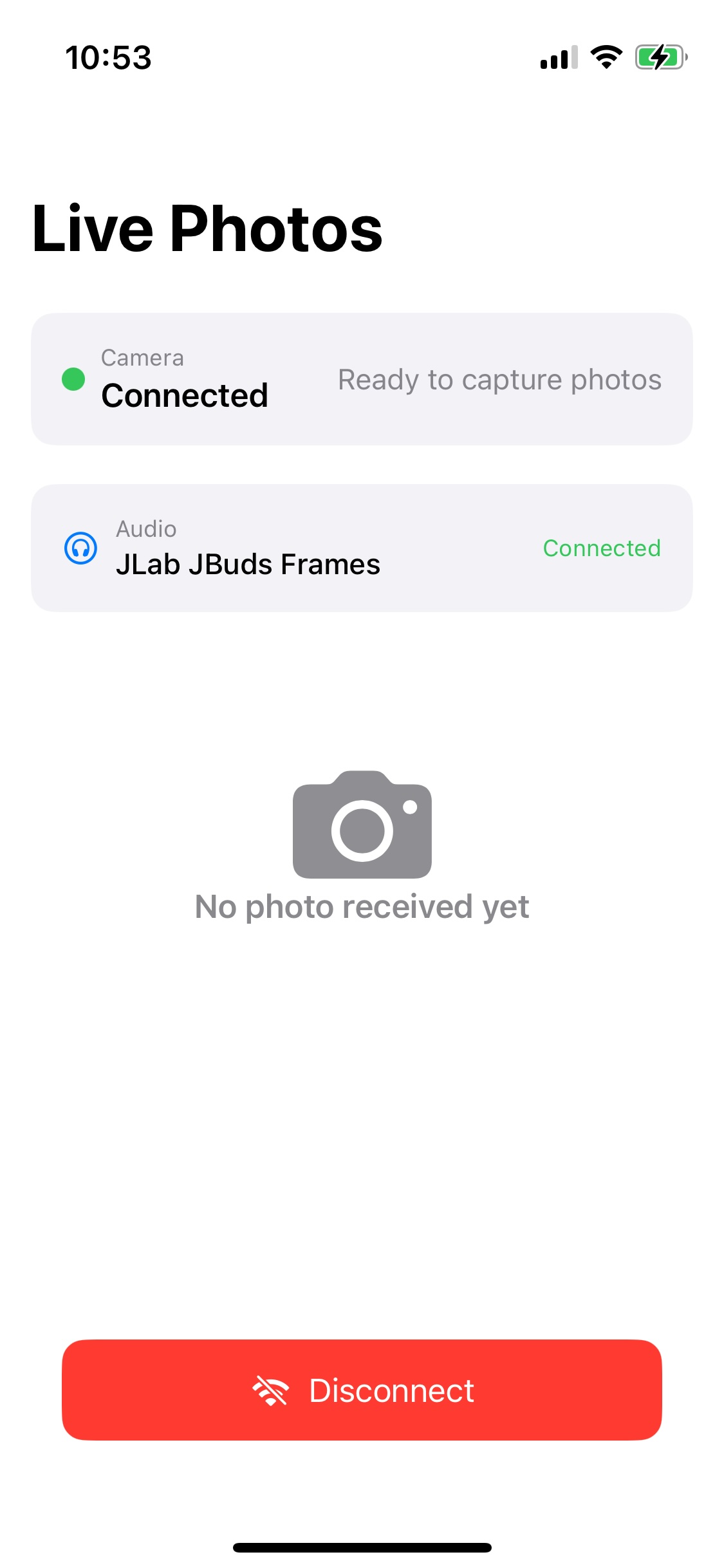 Screenshot of Live Photos BLE Camera Connected Bluetooth camera connected