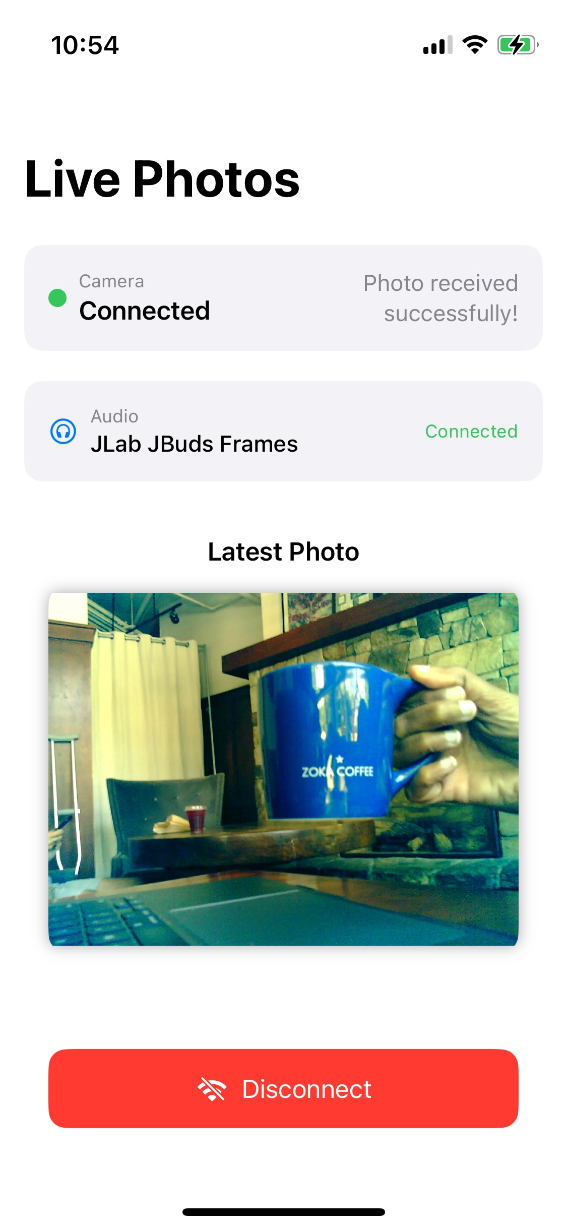 Screenshot of Live Photos with Photo Received Photo transmitted to the app