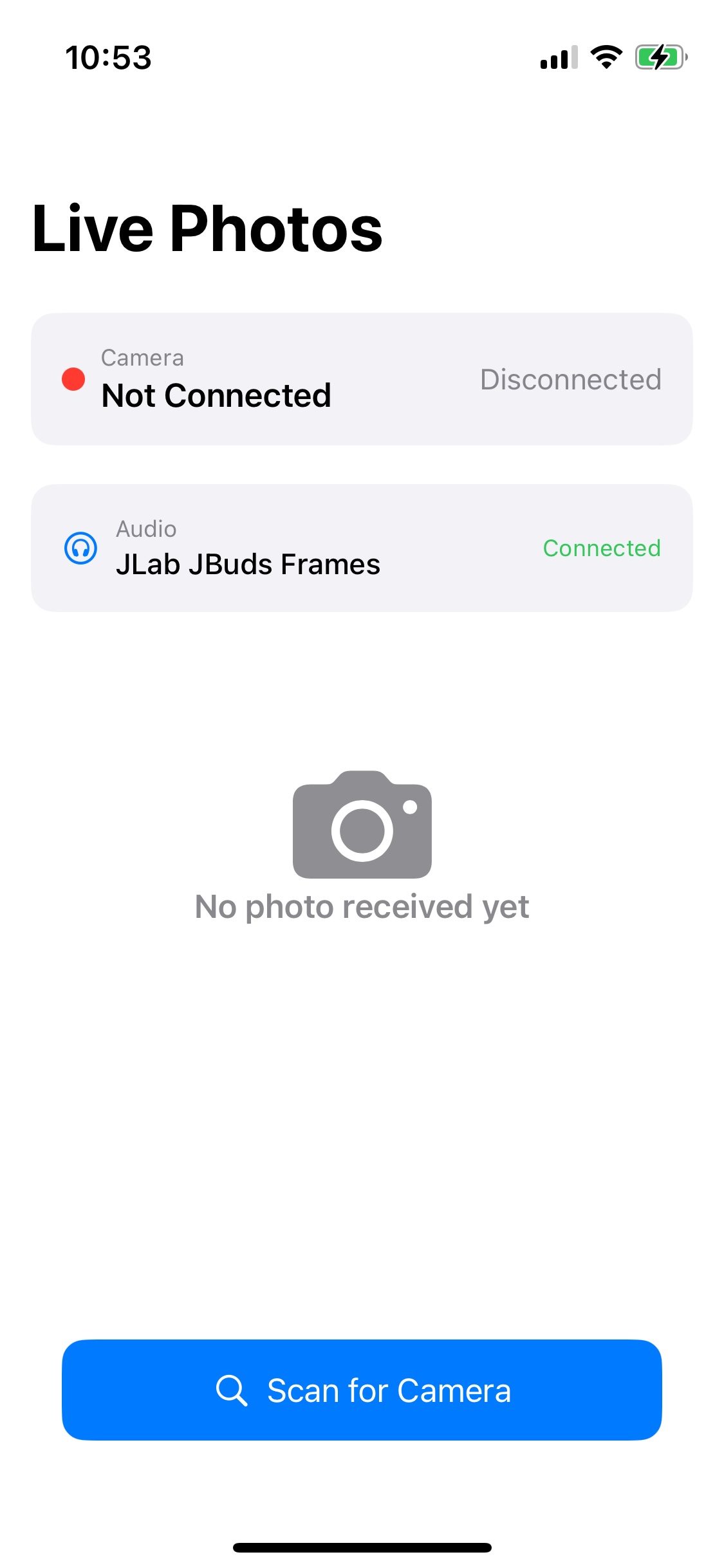 Screenshot of Live Photos, ready to scan for BLE camera Ready to Connect